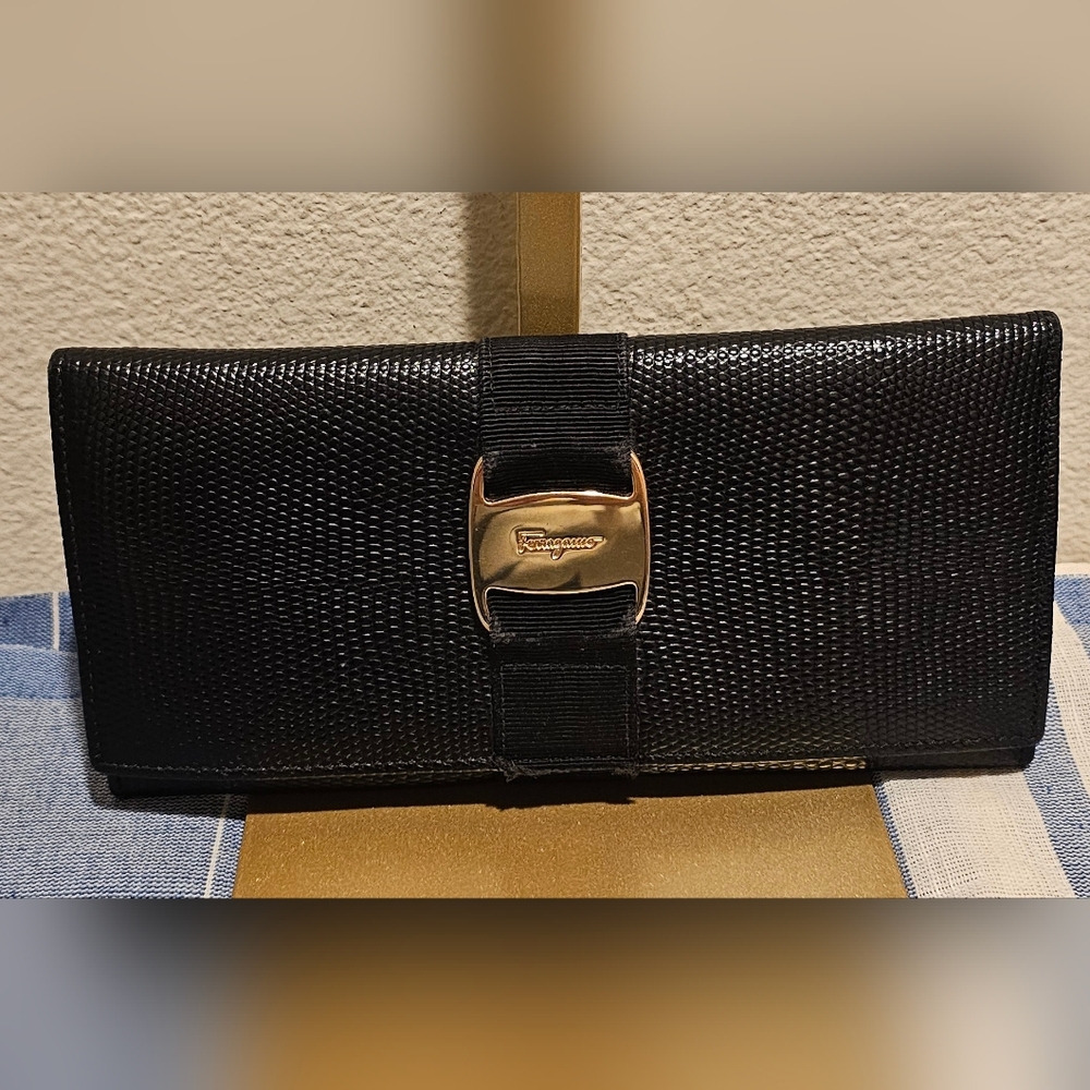 Salvatore Ferragamo Black Wallet with Gold Accent EUC